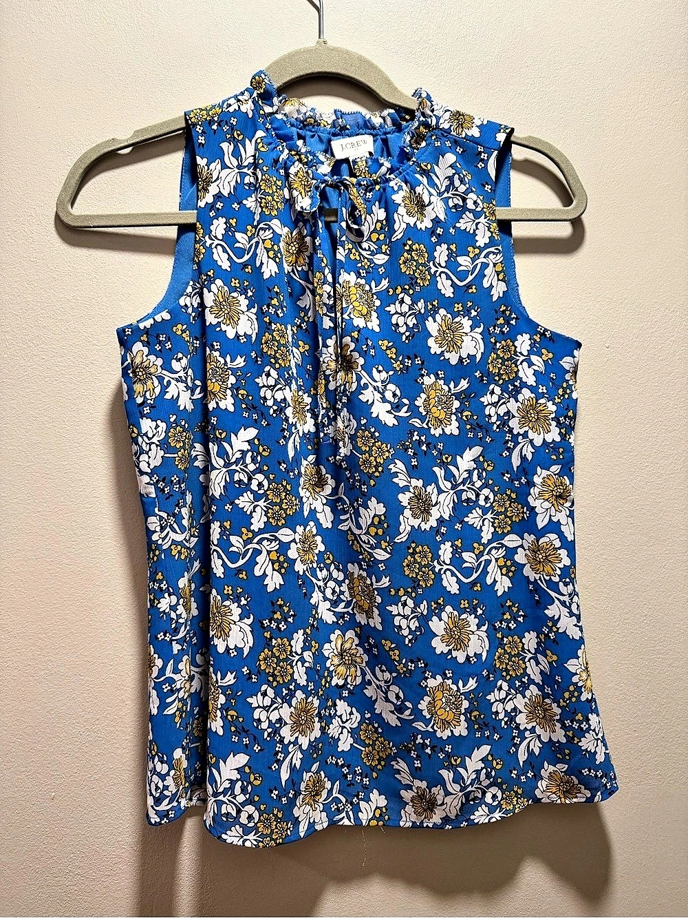 J.Crew Floral Ruffle Tie-Neck Top Floral Sleeveless Blouse in Blue & White XXS